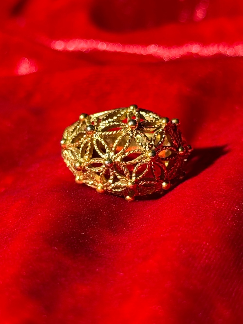 Vintage Gold Filigree Dome Ring Intricate Floral Cutout Statement Band